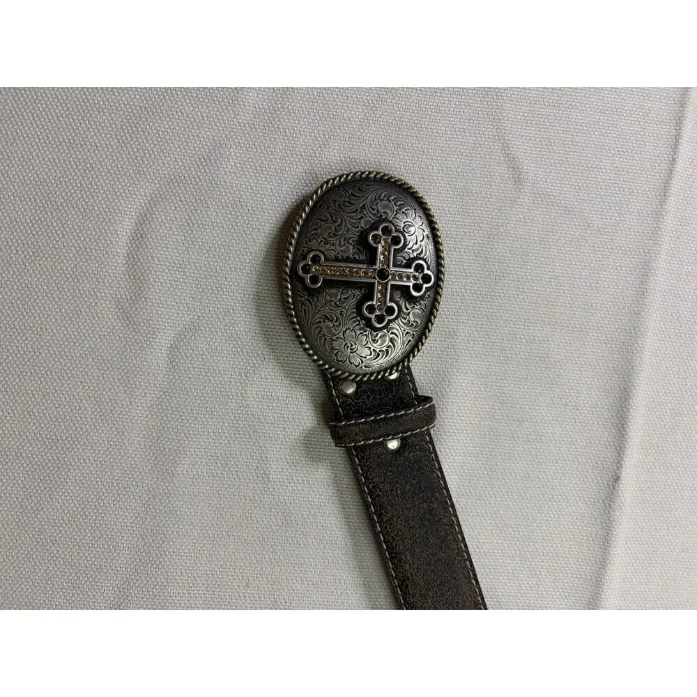 Nocona Belt Women’s L Brown Leather Rhinestone Cross Buckle Western Cowgirl